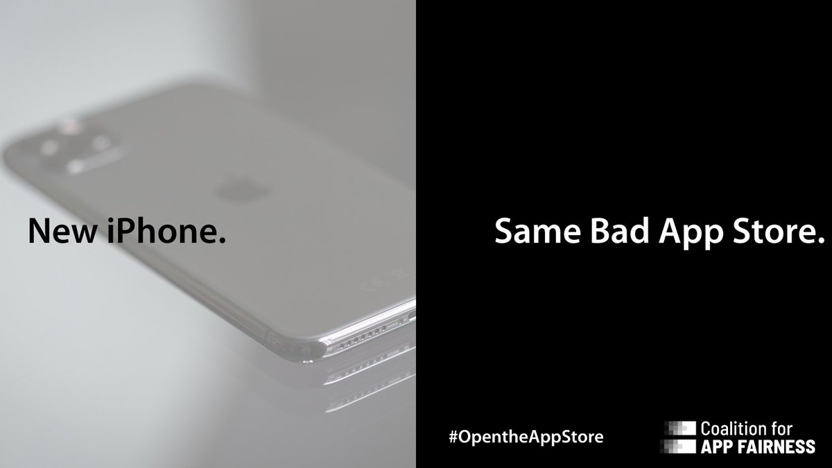 appfairness's tweet photo. .@Apple is playing smoke and mirrors with the new iPhone 13 announcement. App developers will still be subject to the same anti-competitive practices in the App Store. New iPhone, same bad App Store. #OpentheAppStore #AppleEvent https://t.co/imHk1Sg4At