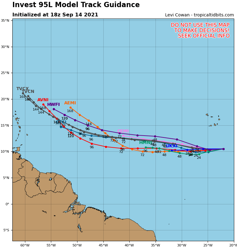 ouragans's tweet photo. Position de la perturbation #95L à 18h TU: 10.5N 22.0W soit 520 km au SSE du Cap Vert, vents maxi 46 km/h, déplacement vers l'W ou 273° à 33 km/h, pression 1009 mb

Image de prévisions de trajectoires à 18h TU -via @TropicalTidbits https://t.co/nKUO82FmEc