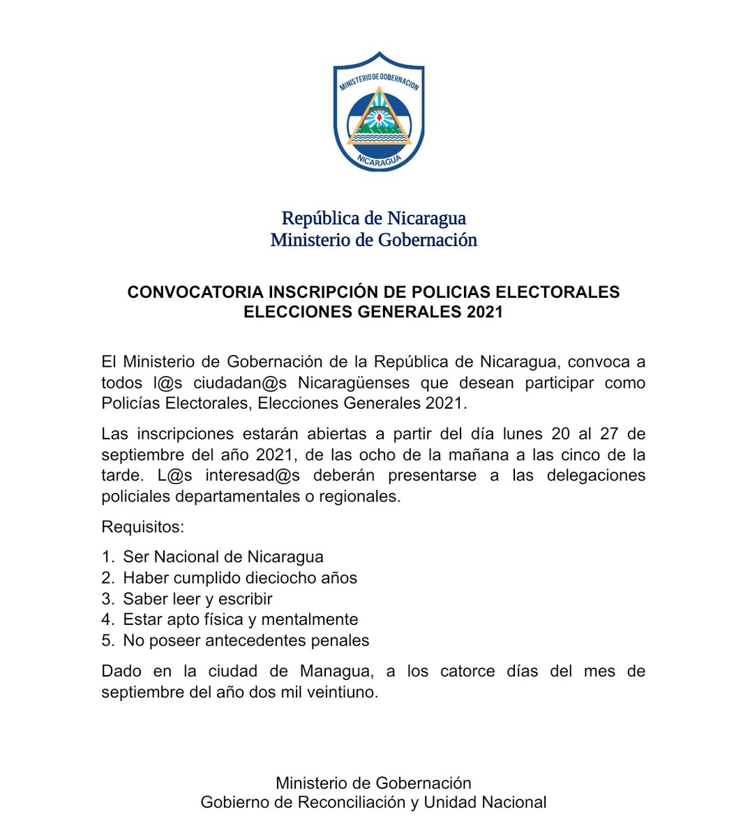🛑 Queda oficialmente establecido el calendario para inscripción de Policías Electorales del Lunes 20 al 27 de Septiembre

Rumbo al triunfo ✌️

✅ #2021SoberaniaEnMiTierra
✅ #PatriaBenditaYLibre
✅ #Nicaragua
✅ #14SeptiembrESp
@vppolicial