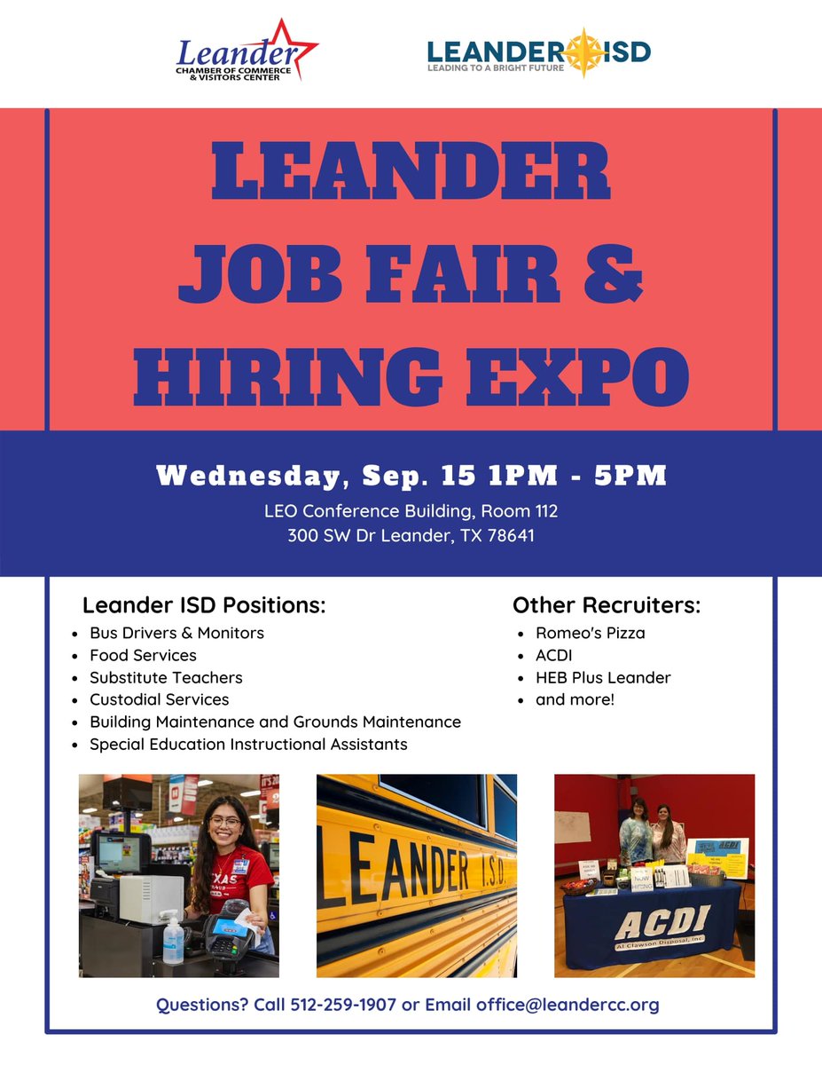 Join our <a href="/LeanderISD/">Leander ISD</a> team!  @cnslisd <a href="/ESSEducation/">ESS</a> <a href="/LISD_BusInfo/">LISD Transportation</a>  is hosting a job fair on Wednesday, September 15th from 1-5 pm at the LEO Conference Building, Room 112   300 SW Dr.  Leander, TX 78641