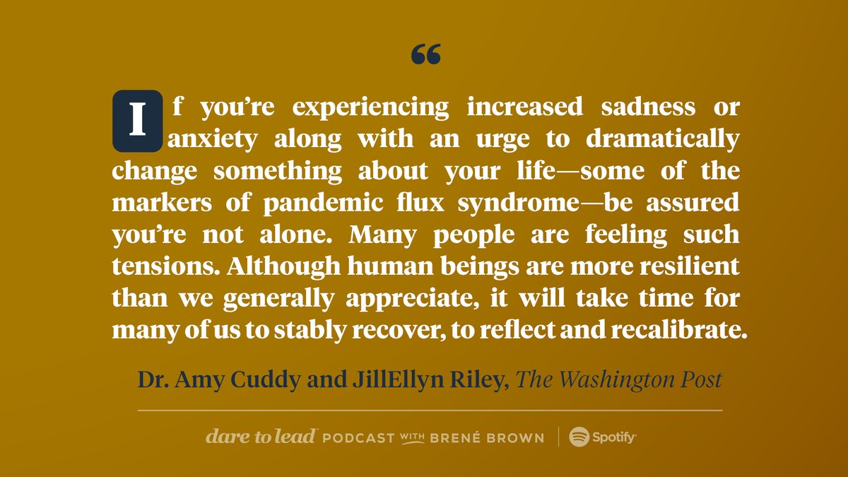BreneBrown's tweet photo. “Dare to Lead” is back! I’m talking to @amyjccuddy on “pandemic flux syndrome” and why this stage of the pandemic is making us feel so worn down (and pissed off). Can’t wait for you to listen to this episode! https://t.co/Av2A0HLBWS https://t.co/3Pmficy4ap