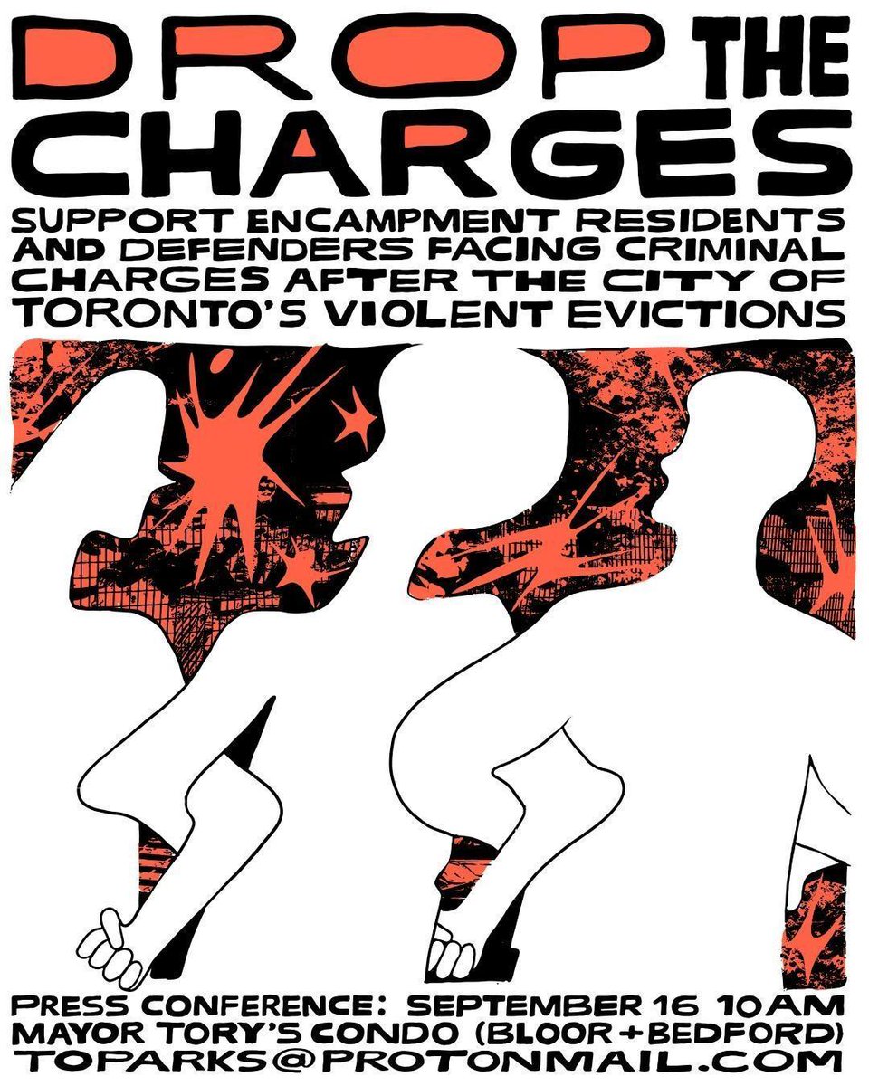 Sept 16 @ 10 AM, come to a press conference at John Tory's condo to support the 50+ encampment residents & defenders ticketed/charged for standing up against the City’s brutal evictions. Let Tory hear demands loud & clear:
#StopEvictions
#DropAllCharges
#RollOutPermanentHousing