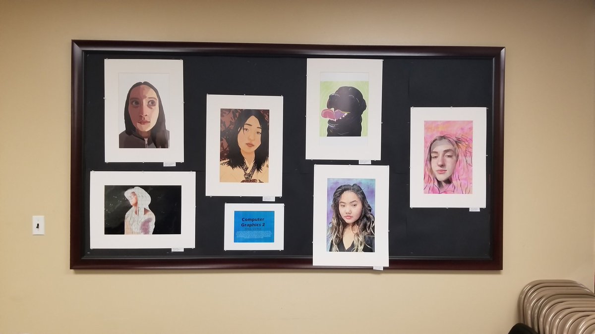VerdiartPOB's tweet photo. We are excited to showcase our students artwork in the Board Room once again! Our theme of "Portraits" is now hung, showcasing the talented students from our CG1 &amp; CG2 class @POBJFK
#graphicarts #iarted #computerart #verdiart @BWileyPOB @POBSchools https://t.co/uU7AZbvCGj
