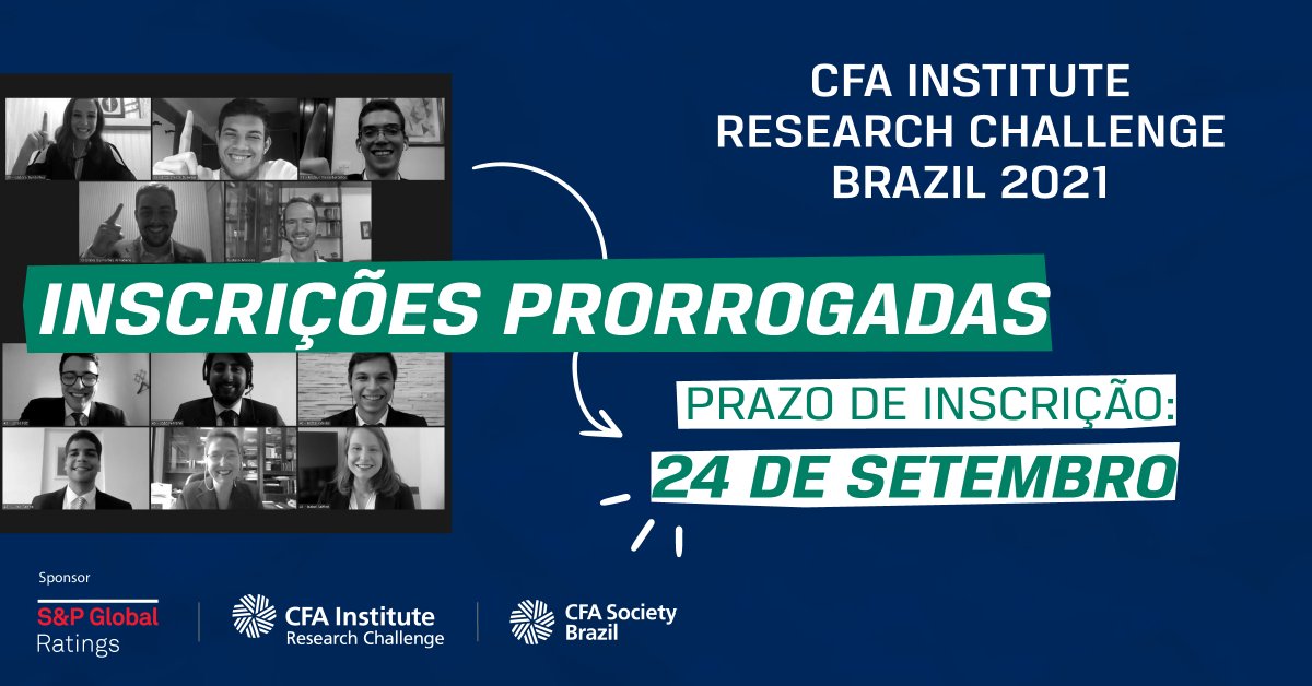 INSCRIÇÕES PRORROGADAS PARA 24/09!!

A inscrição para participar do #Challenge gratuitamente é realizada individualmente pelos alunos! Saiba mais pelo Kit do Participante: cfasociety.org.br/eventos/resear…

O que está esperando? Forme sua equipe e inscreva-se.