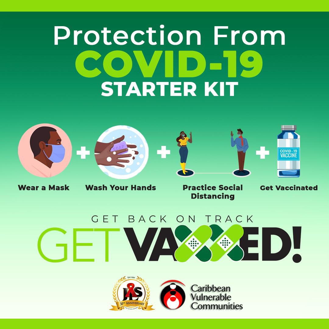 JASLtweets's tweet photo. In the fight against COVID-19, getting vaccinated is a must. Jamaica AIDS Support for Life, in partnership with @cvccoalition, is encouraging you to #GetVaxxed against COVID-19 so we can #GetBackOnTrack. https://t.co/nZgUAUKlsE