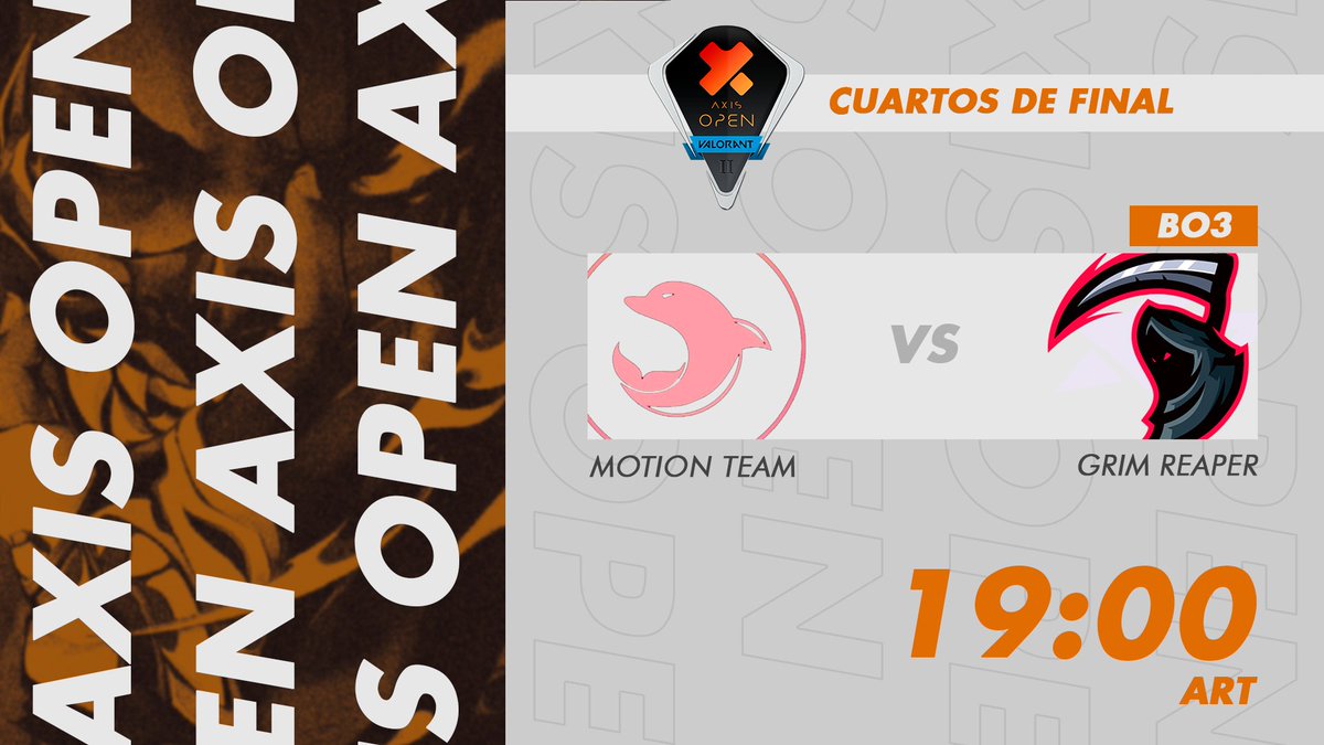 AxisGames_'s tweet photo. [#VALORANT]
[#AxisOpen]

Hoy tenemos muy lindo partido 😌👀

¡Cuartos de final capítulo 2 de 4! 🔥👊 

@motionteam7 🐬  
🆚
@GrimReaperCL 💀 

⏰ 19:00hs 🇦🇷🇨🇱

🎙️ @mikenugget_ 
🎙️ @JulianJaro 

📺https://t.co/apbiVFyJI9 https://t.co/2KzoPDtscg