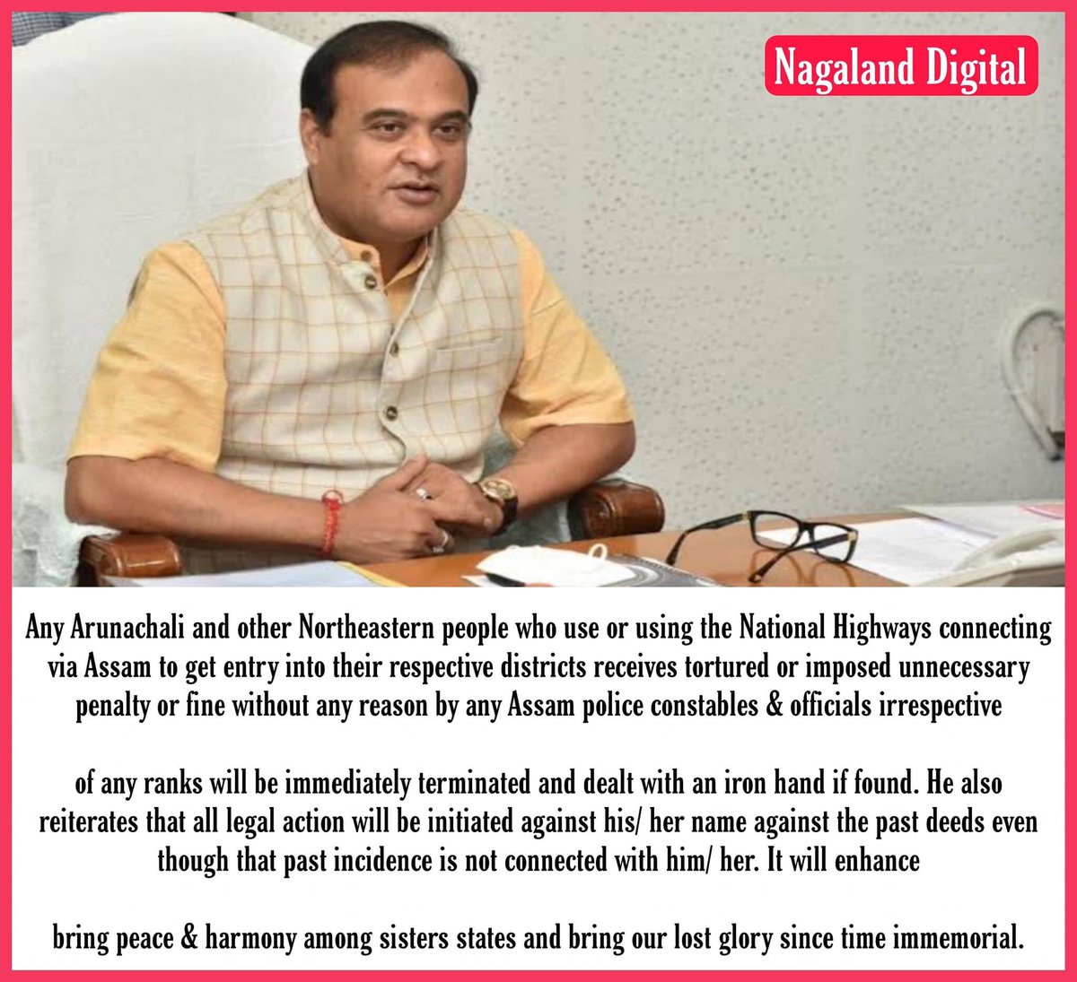 Jarpum's tweet photo. Found this on Facebook page of “Nagaland Digital”.
If true, this is the best announcement, by HCM #Assam @himantabiswa Ji , for the Assam’s neighbouring states. https://t.co/aNAOoU6enI