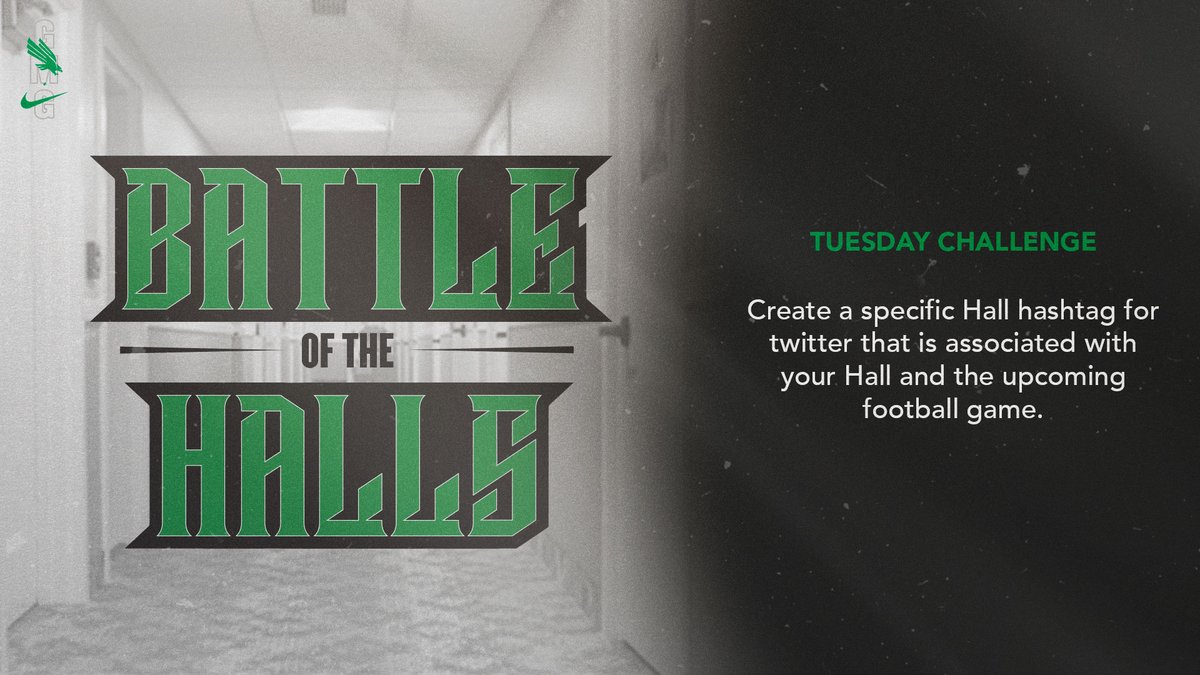 MeanGreenSports's tweet photo. Battle of the Halls round two begins 𝙣𝙤𝙬

Each day this week, leading up to Saturday's @MeanGreenFB kickoff, we'll have ways for students to earn points for their hall.

Today's challenge: use your hall's specific hashtag (listed below) and #GMG whenever you post! https://t.co/SlX4TLDlZt