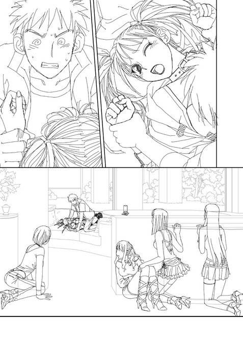 「My doll house」の下描き
台詞フキダシ擬音無し絵その、59

覗き見してる女の子たちの服描くのが楽しかった〜😆 