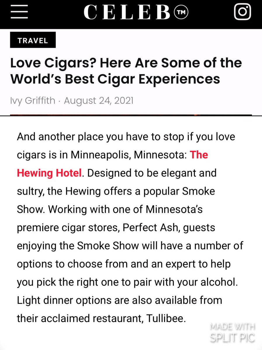 So excited to have been featured on Celeb Magazine under the World's Best Cigar Experiences, alongside the Hewing Hotel. The Perfect Ash team works hard to provide our customers and friends with amazing cigar experiences and it is so great to be recognized. #cigarevents