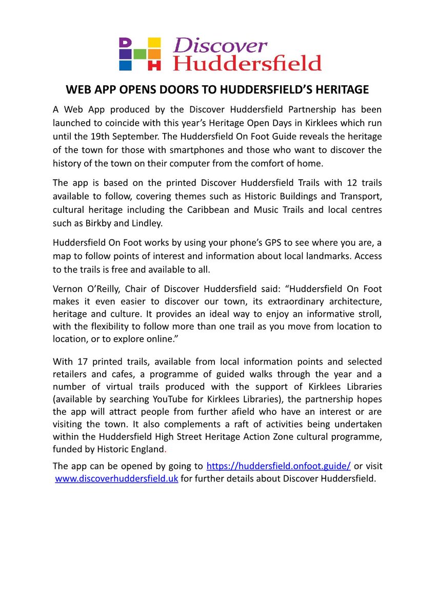 Check out our newly launched web app which allows you to discover Huddersfield's heritage on your smartphone or home computer. huddersfield.onfoot.guide/page/trails