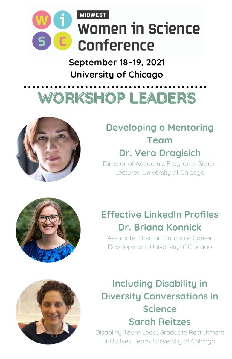 Midwest Women in Science Conference (@midwestwisc) on Twitter photo Do you need another reason to register for WISC 2021? Check out our fantastic workshops for the weekend, headed by Dr. Vera Dragisich (<a href="/DragisichV/">Vera Dragisich</a> <a href="/UChiChemistry/">UChicago Chemistry</a>), Dr. Briana Konnick (<a href="/UChicago_GRAD/">UChicagoGRAD</a>) and Sarah Reitzes (<a href="/UCGRIT/">UChicago Graduate Recruitment Initiative Team</a>)! Registration ends TONIGHT at 11:30PM CT 👩🔬🧪 Do you need another reason to register for WISC 2021? Check out our fantastic workshops for the weekend, headed by Dr. Vera Dragisich (<a href="/DragisichV/">Vera Dragisich</a> <a href="/UChiChemistry/">UChicago Chemistry</a>), Dr. Briana Konnick (<a href="/UChicago_GRAD/">UChicagoGRAD</a>) and Sarah Reitzes (<a href="/UCGRIT/">UChicago Graduate Recruitment Initiative Team</a>)! Registration ends TONIGHT at 11:30PM CT 👩🔬🧪
