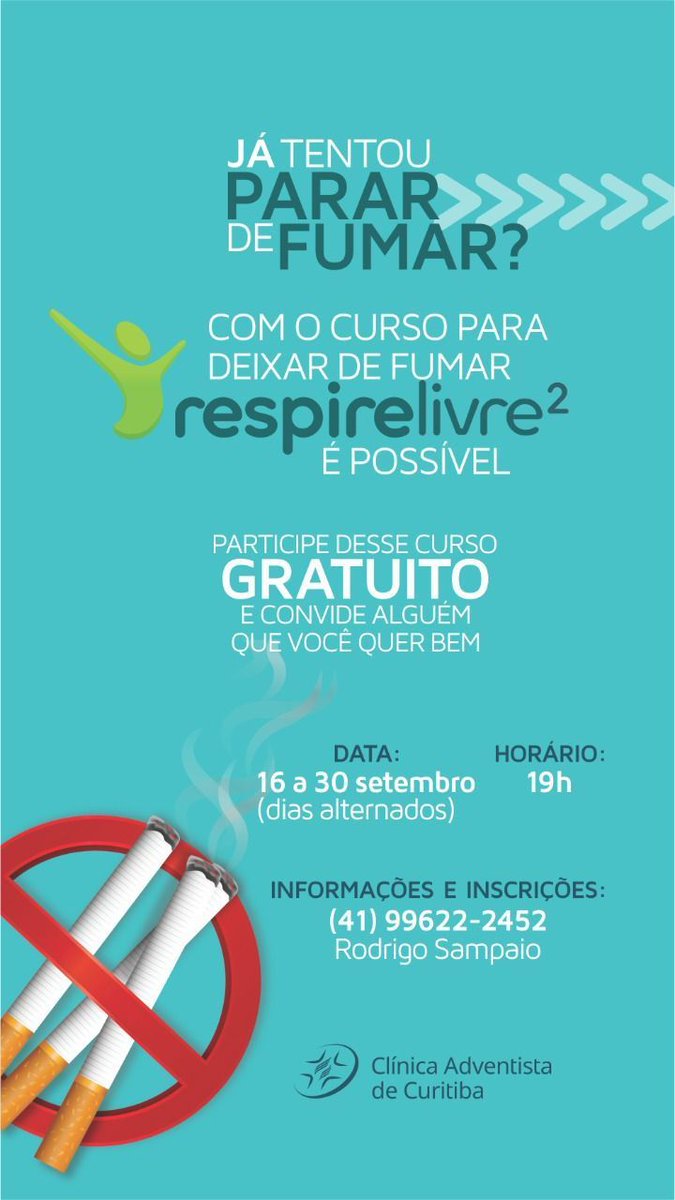 AdventistasSul's tweet photo. 🚭Para quem mora em Curitiba e região metropolitana, as inscrições ainda estão abertas.
❗Quem não mora na região e quer participar, procure uma Igreja Adventista do Sétimo Dia mais próxima e pergunte sobre o curso de como parar de fumar.
#Saúde #PararDeFumar https://t.co/LGRKvAtiCc