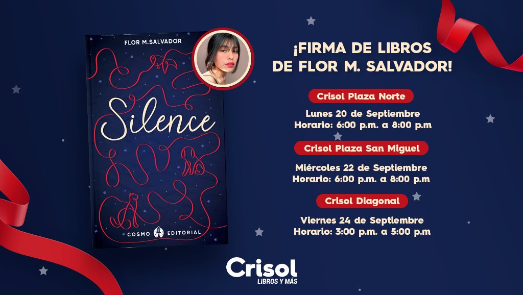 LibreriasCrisol's tweet photo. ✨✨ ¡POR PRIMERA VEZ EN LIMA, la autora de Boulevard! ✨✨
 
@ekilorhe, estará en 3 de nuestras librerías desde el 22 hasta el 24 de septiembre firmando libros por el lanzamiento de "Silence", su última publicación. https://t.co/IQIzajKtPs