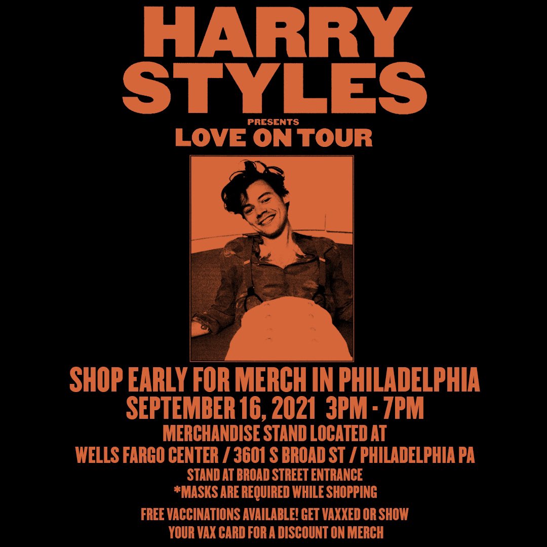 HSHQ's tweet photo. LOVE ON TOUR. SHOP MERCH EARLY.
Thursday, 9/16, at Wells Fargo Center.
Masks are required while shopping.
 
COVID-19 vaccinations available on-site. Schedule your appointment now with @CVSPharmacy: https://t.co/UiODIQdxQx (Please bring your ID and if applicable, insurance card) https://t.co/8OgoL1hpEC
