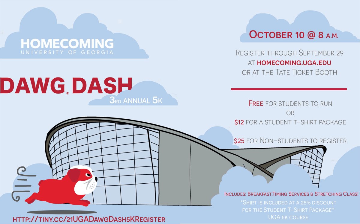 Join us for our third annual Dawg Dash 5K on Sunday, October 10th! This event is open to everyone, even non-students. Students have an option to register for a discounted Homecoming t-shirt! Sign up through our Linktree or tiny.cc/21UGADawgDash5…