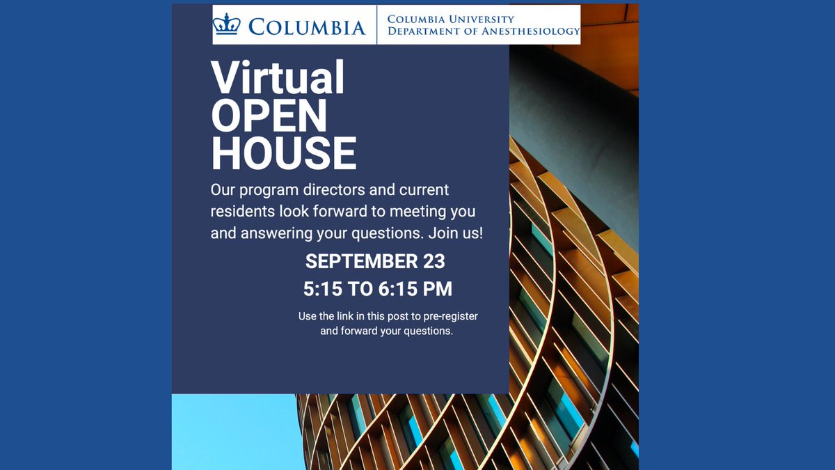 If you're a 4th year medical student interested in an outstanding #Anesthesiology residency program, join our open house on Thursday, September 23. 
Here's your registration form ⬇️ 
cumc.co1.qualtrics.com/jfe/form/SV_2u…