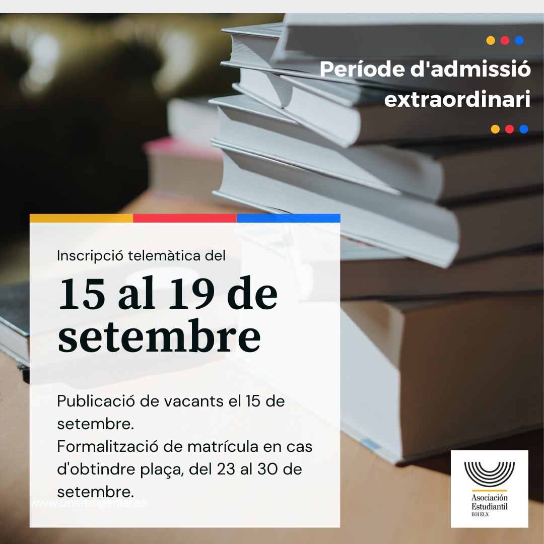 Tienes una nueva oportunidad para solicitar plaza en la #EOIElx
Consulta las vacantes en la web eoi.gva.es/va/admissio-i-…