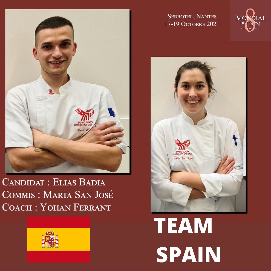 Ambassadeurs du Pain (@mondialdupain) on Twitter photo 8ème Mondial du Pain au salon <a href="/serbotel/">Serbotel</a> du 17 au 19 Octobre 2021
Voici la Team Espagne 🇪🇸 qui sera composée de:
- Yohan Ferrant « Coach »
- Elias Badia « Candidat »
- Marta San José « Commis »
<a href="/BongardBoulange/">Bongard</a> <a href="/robur/">rob burgers</a> @SCARITECH <a href="/pcbcreation/">PCB Création</a> <a href="/MinoterieB/">Minoterie Bourseau</a> <a href="/Exponantes/">Exponantes Le Parc</a> 8ème Mondial du Pain au salon <a href="/serbotel/">Serbotel</a> du 17 au 19 Octobre 2021
Voici la Team Espagne 🇪🇸 qui sera composée de:
- Yohan Ferrant « Coach »
- Elias Badia « Candidat »
- Marta San José « Commis »
<a href="/BongardBoulange/">Bongard</a> <a href="/robur/">rob burgers</a> @SCARITECH <a href="/pcbcreation/">PCB Création</a> <a href="/MinoterieB/">Minoterie Bourseau</a> <a href="/Exponantes/">Exponantes Le Parc</a>