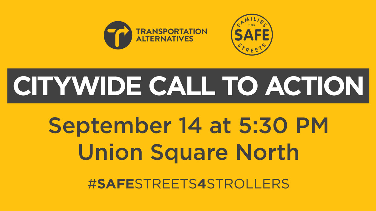 TransAlt's tweet photo. JOIN US 5:30 TONIGHT AT UNION SQUARE.
RECLAIM #deBlasiosStreets FROM CARS.
DEMAND IMMEDIATE ACTION on #VisionZero.
#SafeStreets4Strollers @NYC_SafeStreets https://t.co/NIlzZ91b5V