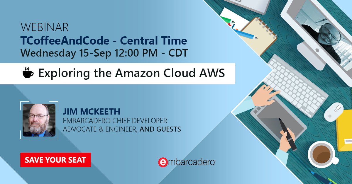 EmbarcaderoTech's tweet photo. Tomorrow: Join us again for another #TCoffeeAndCode session on "Exploring the Amazon Cloud AWS" at 12 noon CDT. Don't miss it out! Save your seat: https://t.co/J02MyLHucF #developers #programming @JimMcKeeth https://t.co/n278oepCzI