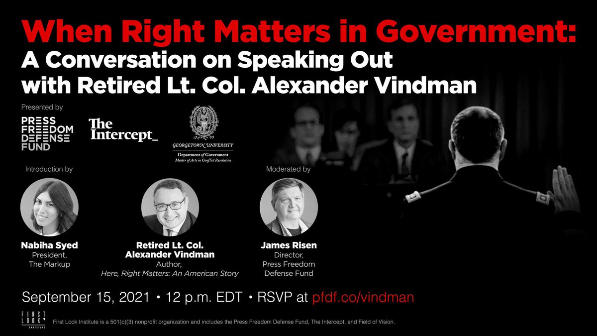 press_fund's tweet photo. Tomorrow at 12 PM ET: PFDF Director Jim Risen will talk to @AVindman about the lessons he learned after coming forward during the impeachment of President Donald Trump.

Join the conversation here: https://t.co/3zxXzY62Ds 
#PFDF https://t.co/n48w9nQf4T