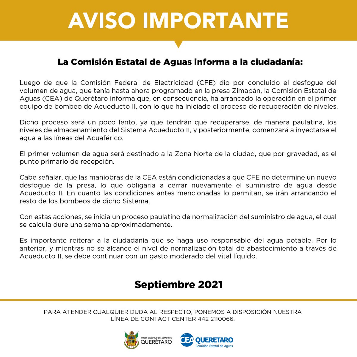 cea_qro's tweet photo. AVISO IMPORTANTE
Septiembre 2021 https://t.co/lnFOdUKD49