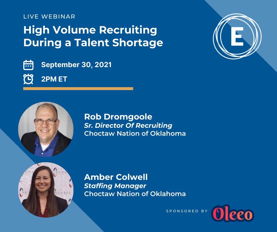 Learn how Rob Dromgoole &amp; Amber Colwell of Choctaw Nation of Oklahoma filled over 1,200 roles in less than 90 days in our free upcoming webinar “High Volume Recruiting During a Talent Shortage” on Sept. 30 at 2PM ET. Sponsored by <a href="/Oleeo_/">Oleeo</a> . Register here → bit.ly/3C3CBEm