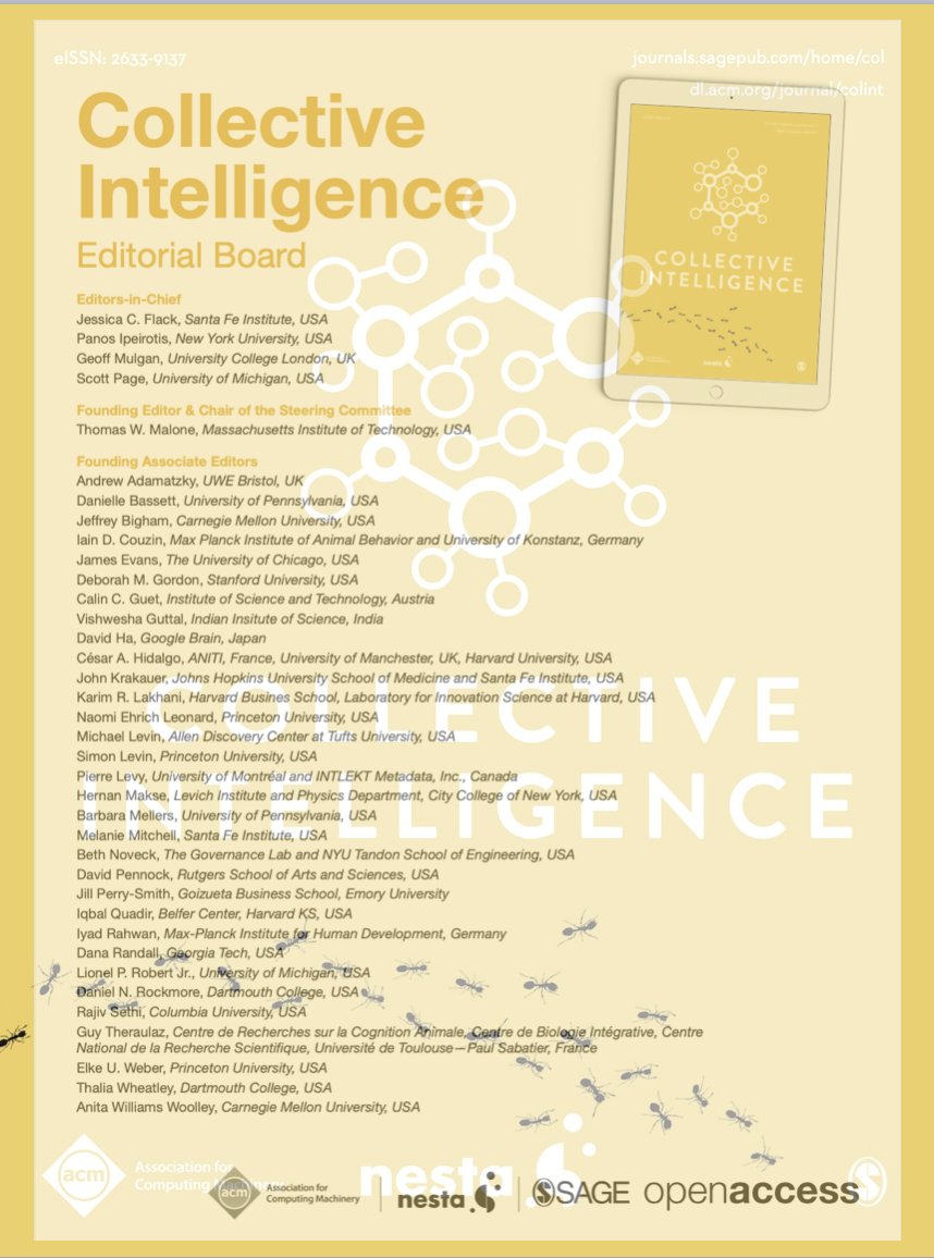 Biological+social systems r collective systems, often w complex interactions,+(sometimes) intelligent output, facts that fundamentally unite them despite substrate differences. Hone your synthetic skills+help discover principles of collective intelligence

mc.manuscriptcentral.com/collective