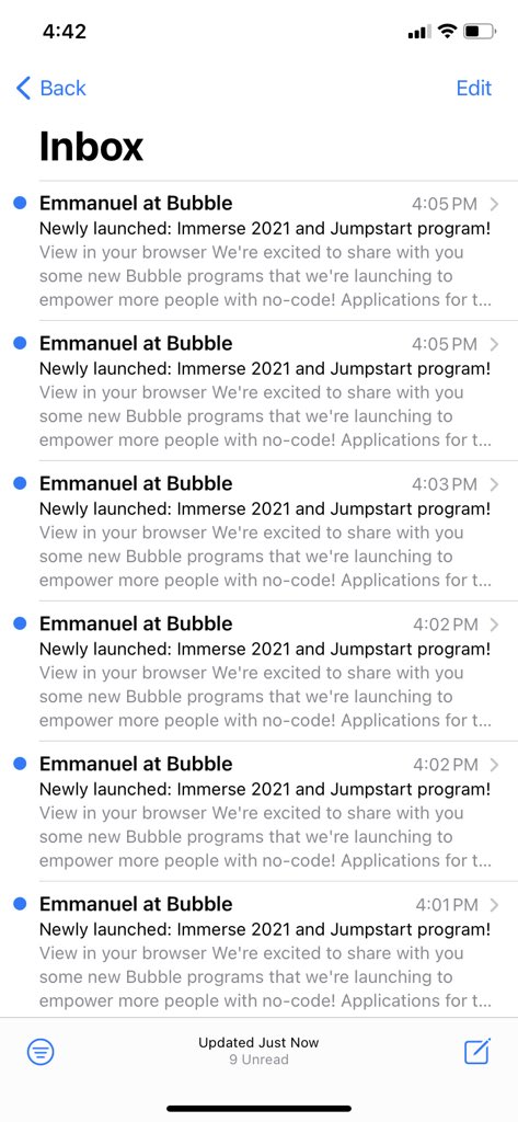 Me: every time <a href="/emmanuel_s/"></a> sends a mass email to <a href="/bubble/">Bubble</a> users.

Bubble pro tip #1,999 = you don’t need to create a new account for each app.

Cool program nonetheless! #NoCode #bubble