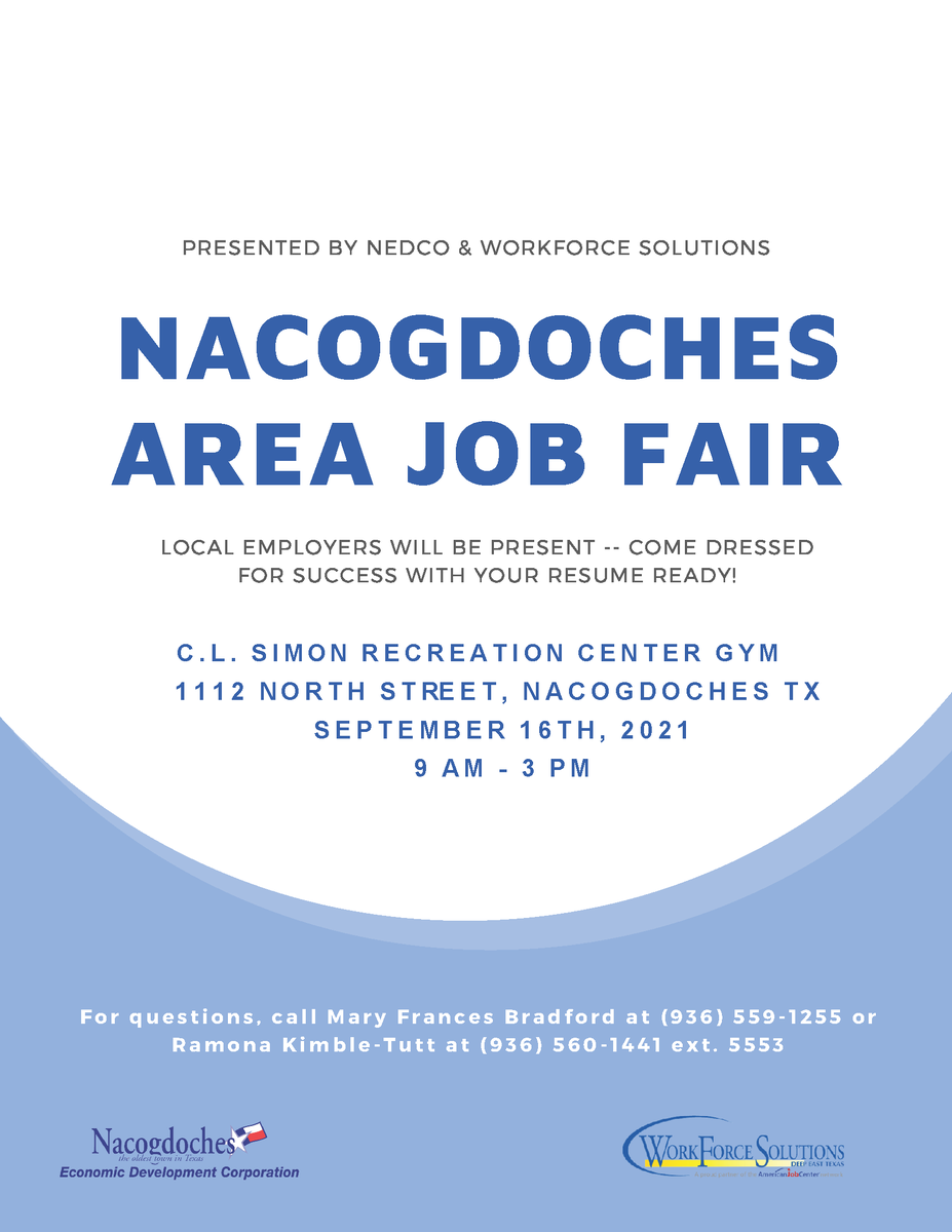 Job Seekers in Nacogdoches County!
Thursday, September 16, 9 a.m. to 3 p.m., 1112 North Street, Nacogdoches, Texas
detwork.org/calendar/event…
#jobs #DeepEastTexasWorks
