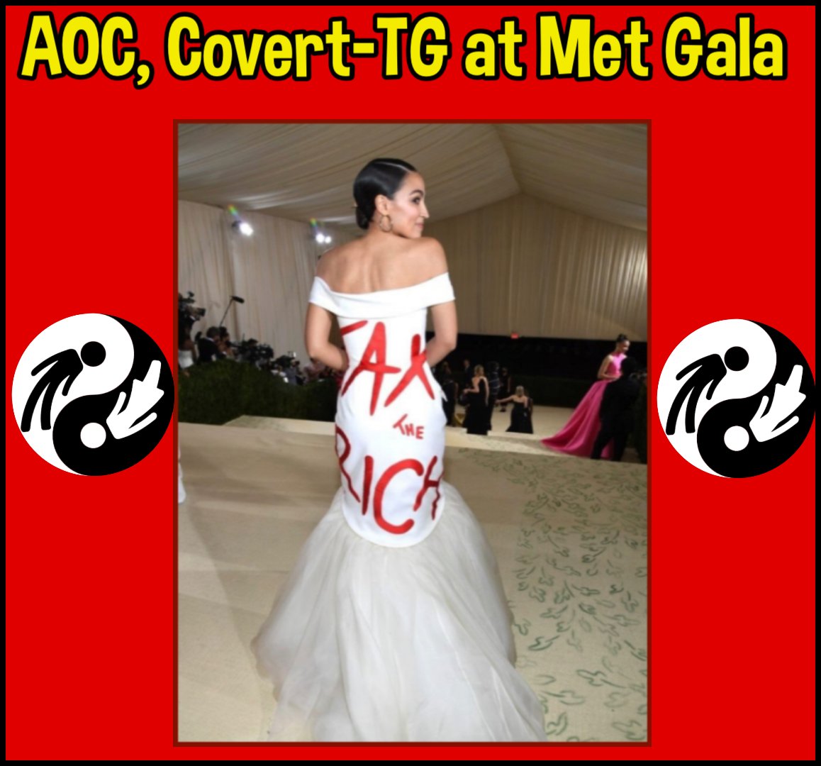 Bevvie112's tweet photo. A table at the Met Gala costs around $275,000 and an individual ticket costs $30,000.

Alexandria Orcasio-Cortez is a man wearing a gown while attending the Met Gala. 

Considering AOC isn’t even honest about his birth sex, why would anyone trust him at all? https://t.co/AtzdyD2usu