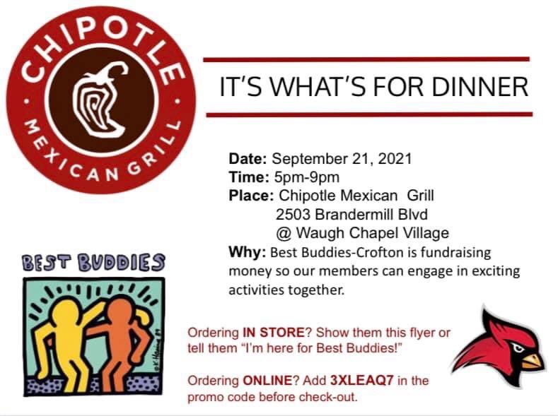 MsLoweCrHS's tweet photo. Crofton area peeps!  Come out to Chipotle on Tuesday, Sept 21st from 5-9 to help raise funds for Crofton High’s Best Buddies! @BestCrhs @CroftonHsSports @CroftonUnified @CroftonHigh https://t.co/O0pU2wzxzb