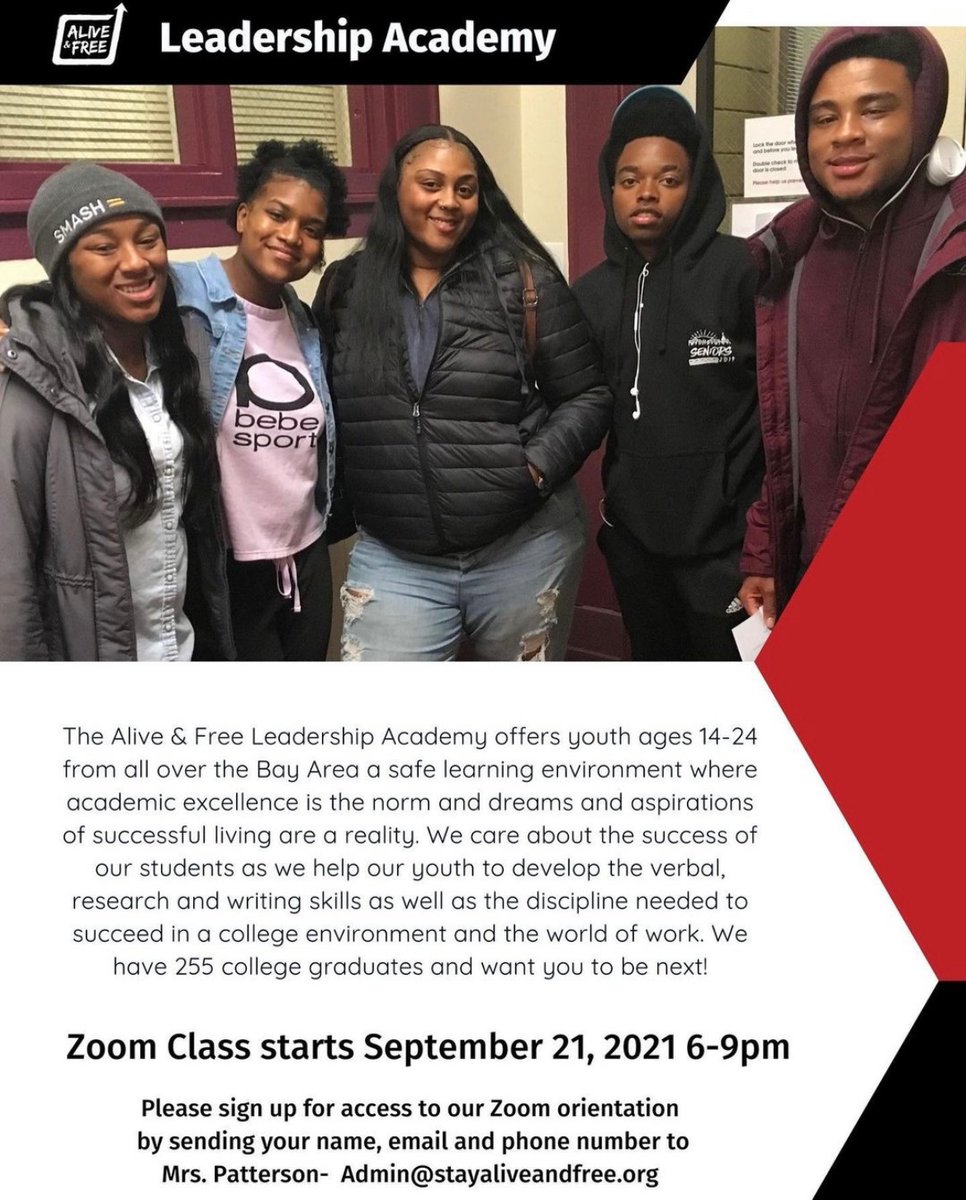 SFHumanRights's tweet photo. From our community allies @AliveAndFreeRx Do you know of any #students a good fit to join our Leadership Academy? Virtual Class starts 9/21/21 @ 6pm. Send name, email & phone # to Mrs. Patterson to get on the #aliveandfree #leadership academy list
Admin@stayaliveandfree.org https://t.co/qBvY6gS5Nj