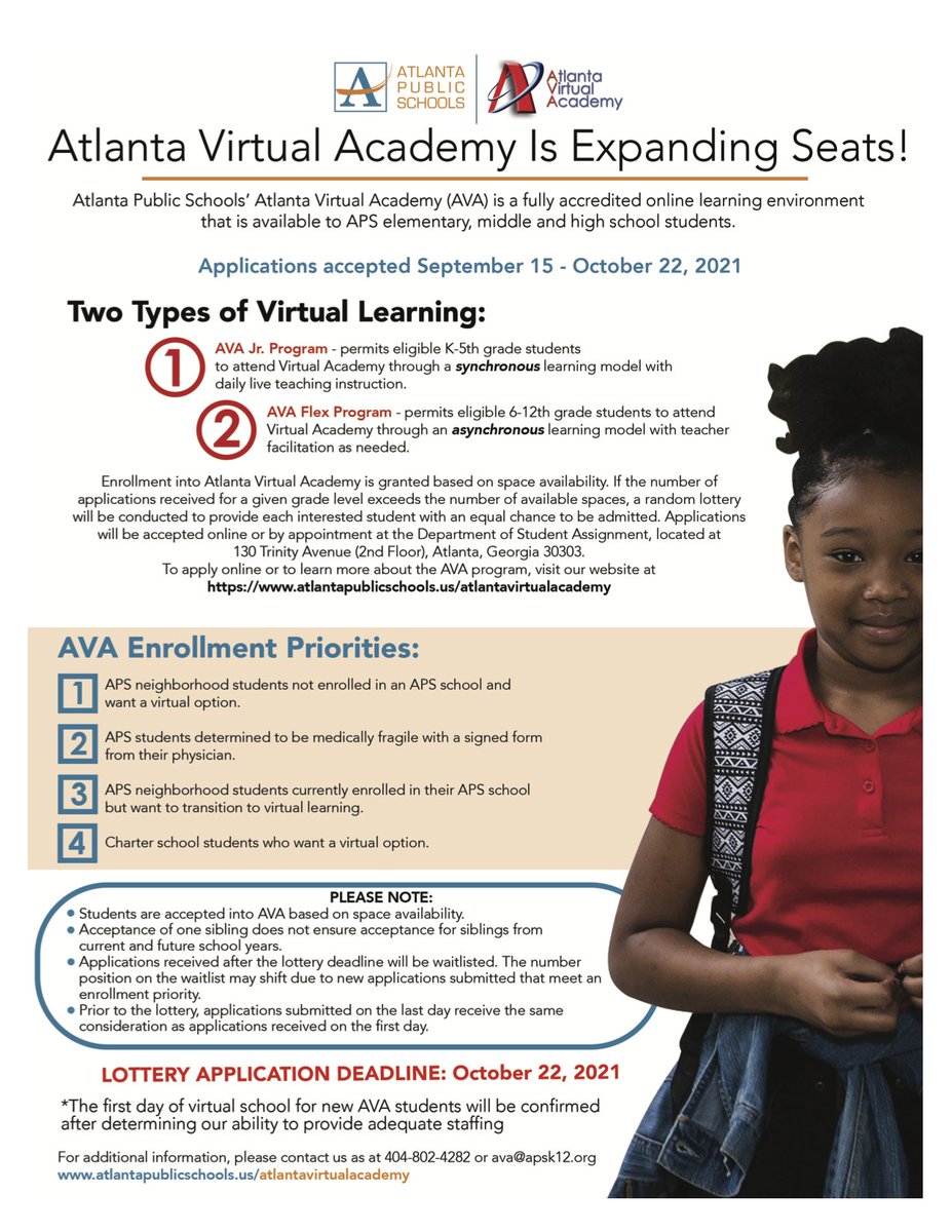 Great news! APS will expand enrollment and open additional seats in @Atlanta_Virtual, our fully accredited online program for APS students! The application window is Sept. 15 to Oct. 22. To learn more and to attend an informational webinar, visit: bit.ly/3loytYN