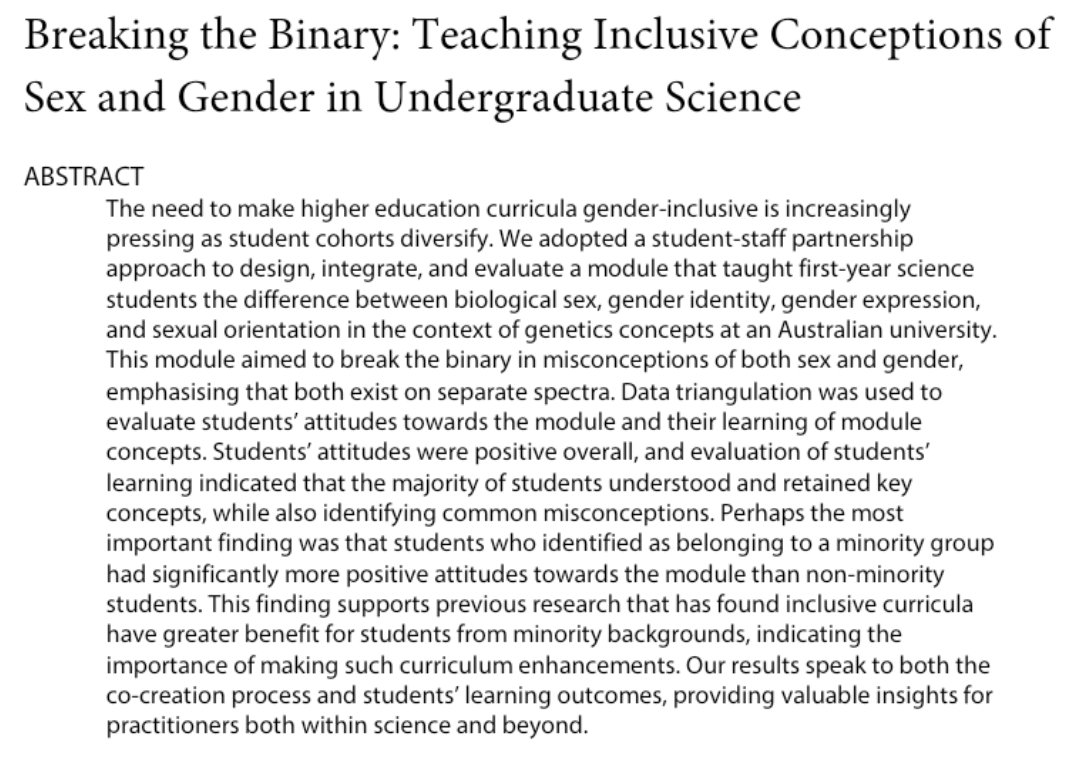 Thrilled to see this @TLI_ISSOTL pub out today, on a topic very close to my heart! A #curriculum co-creation effort on introducing #inclusive conceptions of sex & #gender into #STEM at @UTSEngage. Thanks to collaborators @DrKrizM @SunCoScience @edinkasia & Arthur Morphett. Link⬇️