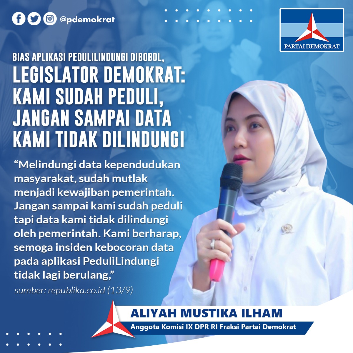 FPD_DPR's tweet photo. Bias Aplikasi PeduliLindungi Dibobol, Legislator Demokrat: Kami Sudah Peduli, Jangan Sampai Data Kami Tidak Dilindungi

@aliyahm_ilham ⁦@DPR_RI⁩ ⁦@PDemokrat⁩
#PeduliLindungi
#Demokrat https://t.co/8BBVNB5v3O
