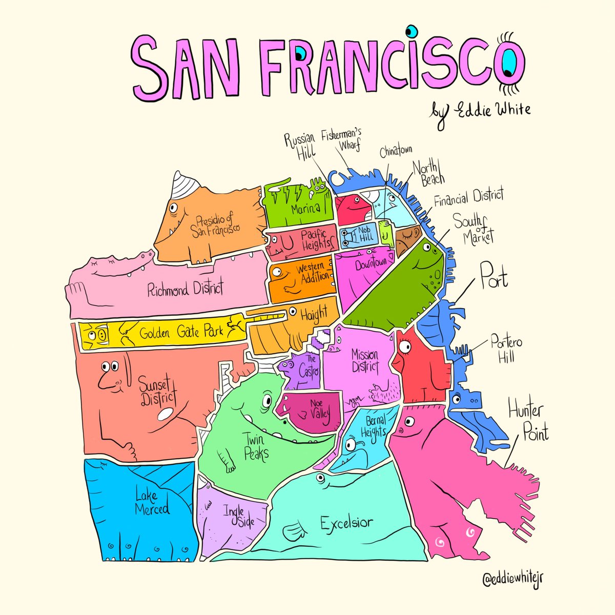 EddieWhiteJr's tweet photo. SAN FRANCISCO! The Haight whale, The Castro striped tale squirrel and The Bernal Heights woodpecker nerd are just some of the creatures that comprise the monster map of your glorious city by the sea. Can you see your home district? #monstermaps https://t.co/jmht61hWRF