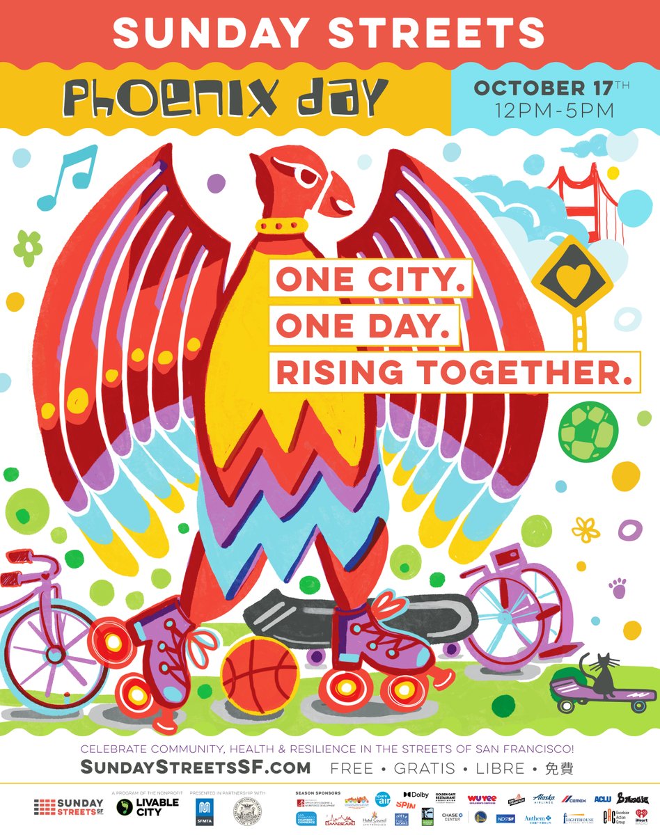 The first ever Sunday Streets Phoenix Day will take place on Sunday Oct. 17th, 2021 from 12-5 pm. 

It will feature historic Sunday Streets routes, pop-ups, the Cross City Connector Bike Ride &amp; free block party permits for neighbors to enjoy citywide.

🔗 sundaystreetssf.com/phoenixday/