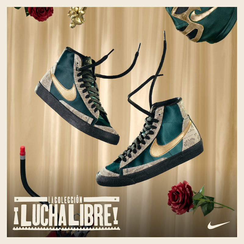 Nike's tweet photo. Celebra la belleza y el dramatismo de la vibrante escena de la lucha en México. Descubre la colección en la Nike App. #NikeLuchaLibre