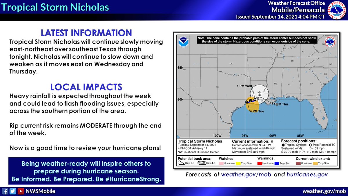 ⚠️ 4pm Forecast Update - We are becoming INCREASINGLY CONCERNED about the potential for SIGNIFICANT flash flooding (thanks for Tropical Storm #Nicholas) on Wednesday and Thursday across the southern portion of the area (locations shaded in red). (1/2)