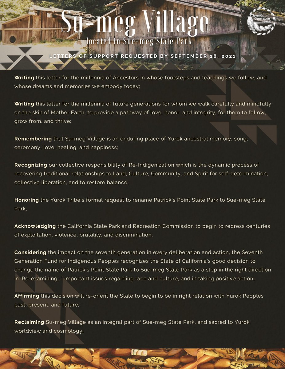 Seventh Generation Fund stands with the Yurok Tribe and its People and asks you to do the same. Write a letter in support of the name change and send it by September 28, 2021 to:
