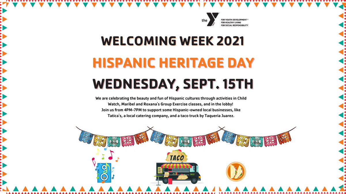 YMCAPalmBeaches's tweet photo. Hispanic Heritage Day is TOMORROW! Bring your family by for a fun experience and support some local Hispanic-owned businesses like Taqueria Juarez and Tatica's!
#WelcomingWeek #BelongingBeginsWithUs
#PalmBeachCounty #PalmSprings #LakeWorth #WestPalmBeach #PalmBeach #TheY #YMCA https://t.co/GG8Ngh7Uaw
