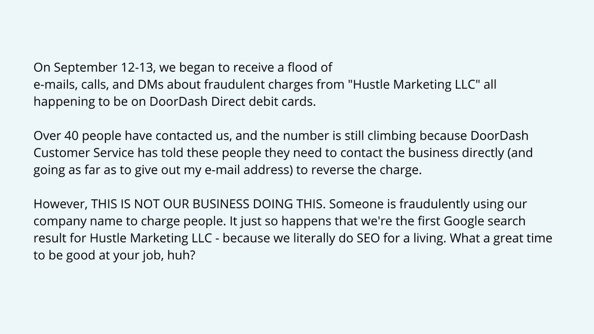 hustle_mkt's tweet image. A statement about @DoorDash fraudulent charges.