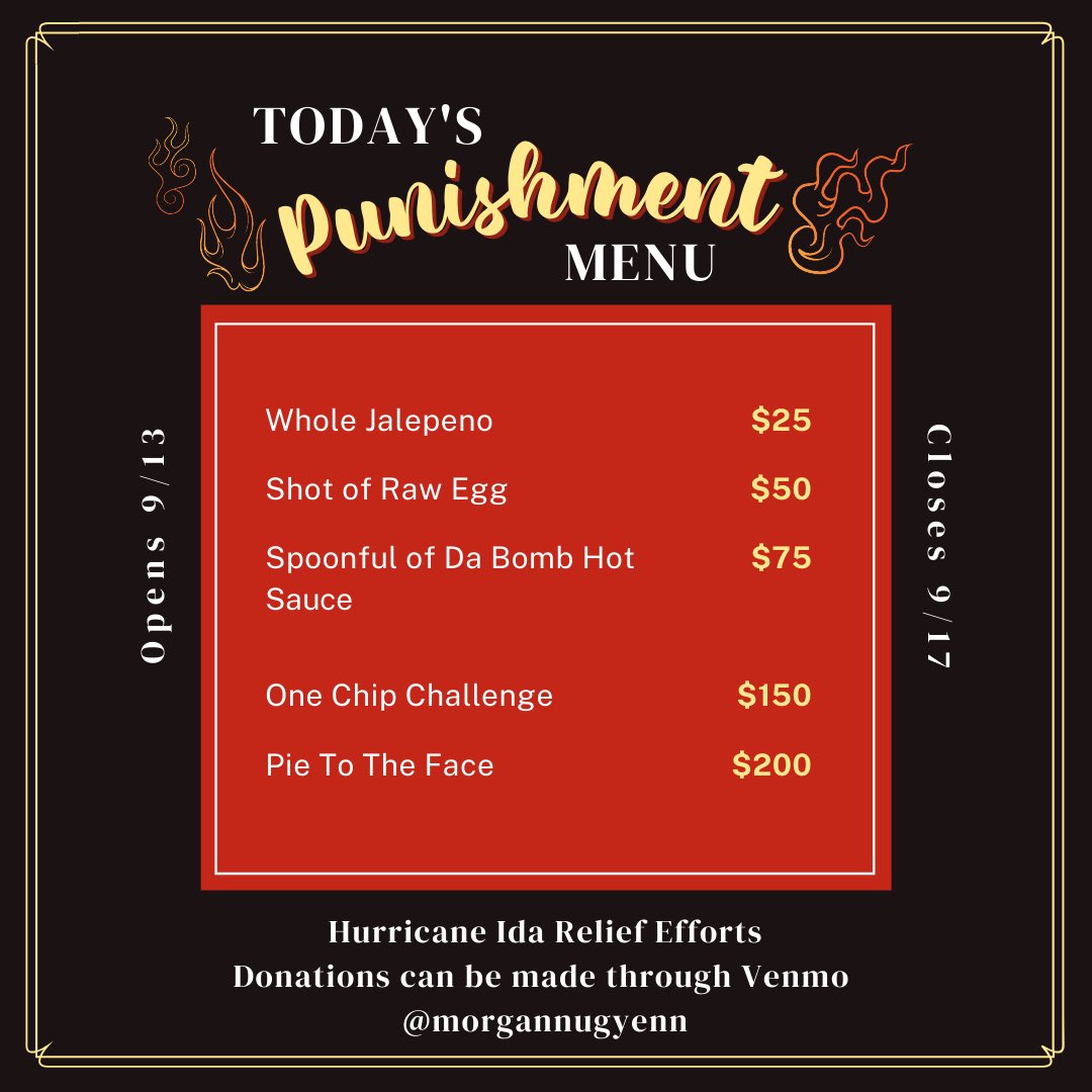 LamarVSA's tweet photo. In an effort to raise money to donate to Hurricane Ida victims so they can get back on their feet, VSA has offered an incentive: watch our officers suffer. Anything and everything is greatly appreciate and we hope you all can help us give back to our neighbors in Louisiana! 🌶 https://t.co/XwMjq7iqSH