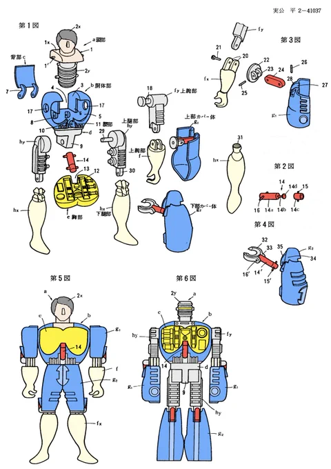 タカラ1984年出願の実用新案
プロポーションが近いものへの変形案
(適当に着色)
頭部と胸はどんでん返し、手足は上肢←→下肢でカバーを移動することで露出部を切り替える
ミュータントタートルズのミューテーションシリーズが割と近い変形をする 