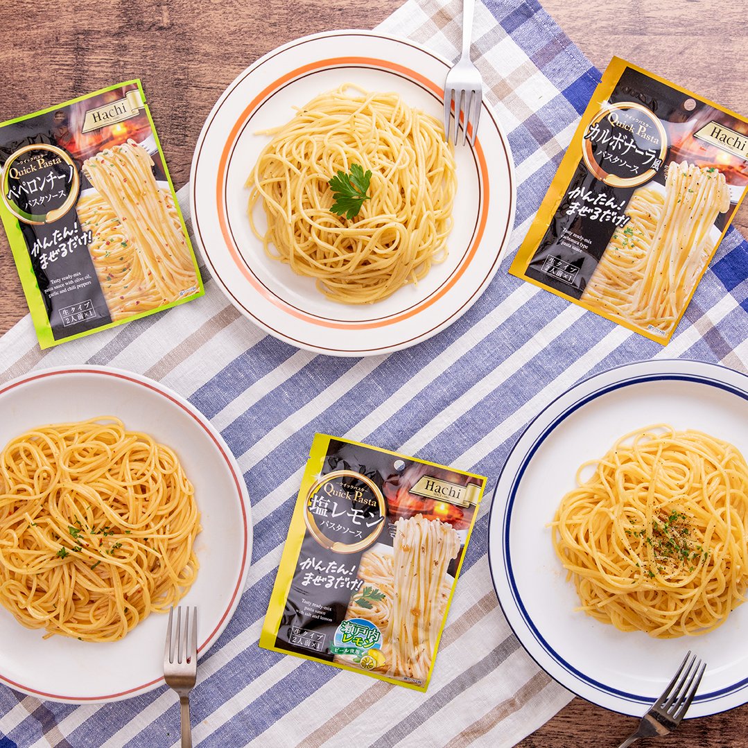 ハチ食品株式会社 公式 簡単 まぜるだけ クイックパスタ まぜるだけでパスタが完成するクイックパスタ シリーズから 新たな3種類のソースができました 忙しい日に大活躍する商品です どの味が気になりますか ペペロンチーノソース