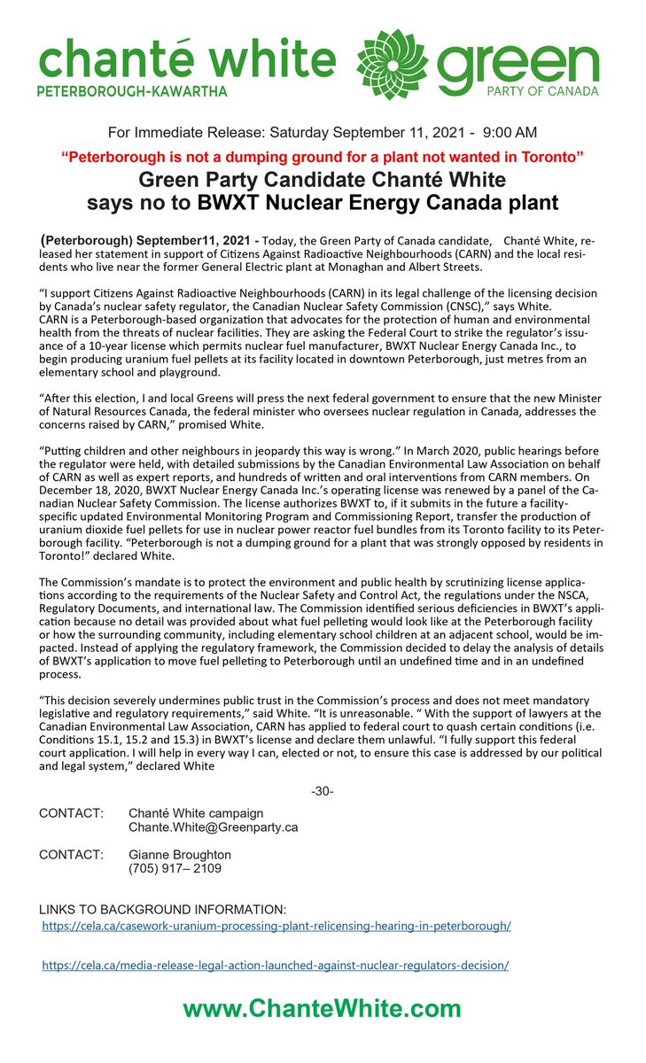 "Peterborough is not a dumping ground for a plant that was strongly opposed by residents in Toronto."Green Party candidate Chanté White says "NO" to BWXT Canada nuclear fuel plant expansion. Peterborough residents are encouraged to ask political candidates about BWXT’s expansion