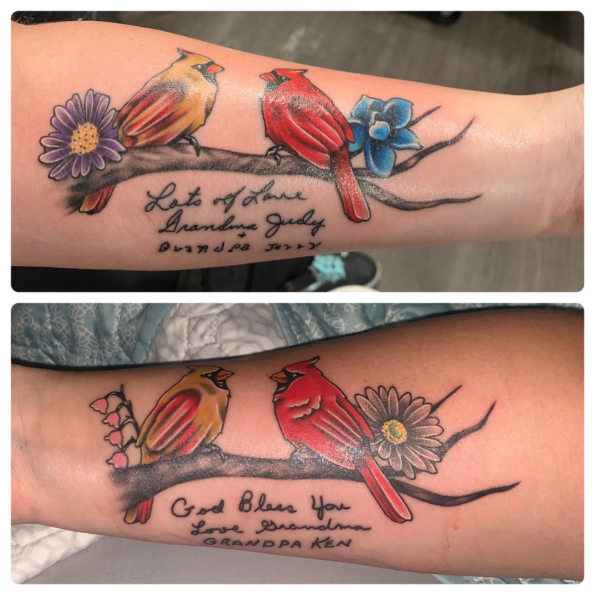 My tattoos are finished… my grandparents handwriting, birth flowers and favorite birds  ❤️❤️❤️❤️  #grandparentlove