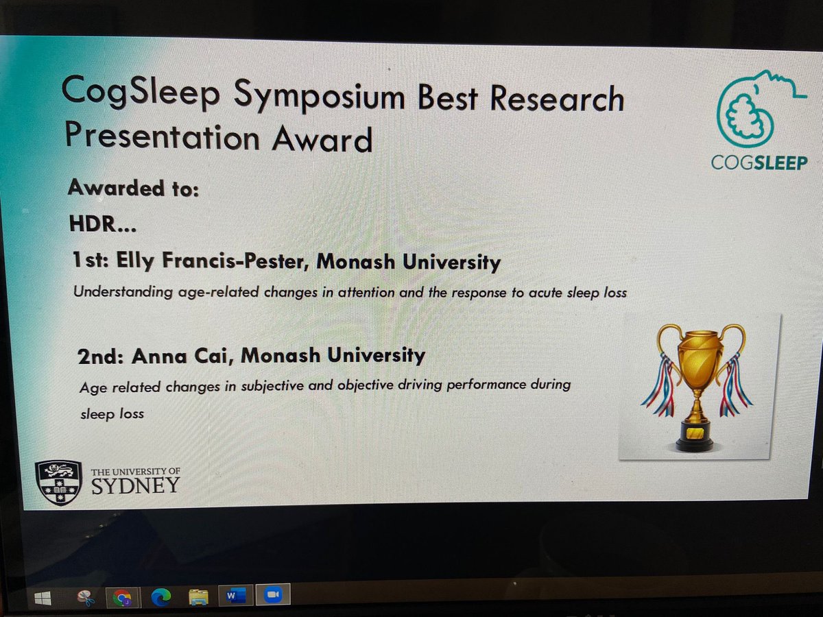 Congratulations to <a href="/efrancispester/">Elly Francis-Pester</a> for winning first place for Best Research Presentation Award 🥇 🏆 
Such a great talk and very well deserved 👏🏽 @cogsleep <a href="/cogsleepacademy/">CogSleep Academy</a> #sleep #ageing #neuroscience